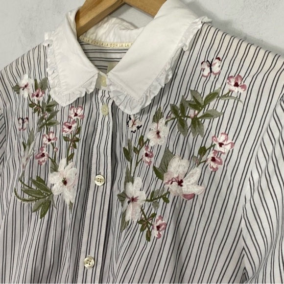 KATE SPADE Stripe Ruffle Floral Embroidered Button Down Shirt - Picture 7 of 12